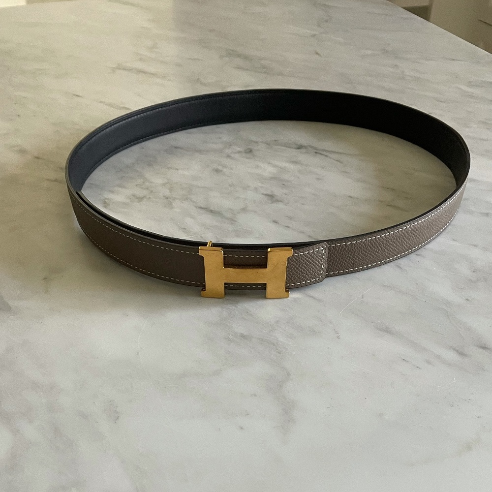 Mini Constance buckle & Reversible leather strap - Black/Taupe  24 mm, 80 length